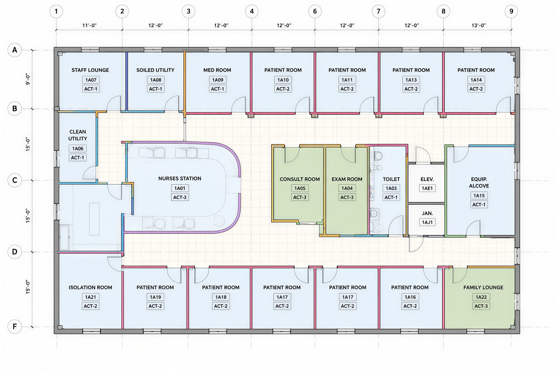 Color-coded takeoff floor plan organized by room and assembly